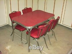 VINTAGE ORIGINAL RED FRACTURED ICE FORMICA 1950's DINETTE SET-TABLE & 4 CHAIRS