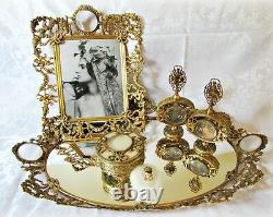 Vintage Brass Ormolu Vanity Set- Tray, Picture Frame, Perfume, Jewelry Box, Puff