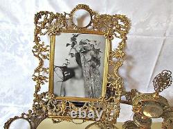 Vintage Brass Ormolu Vanity Set- Tray, Picture Frame, Perfume, Jewelry Box, Puff