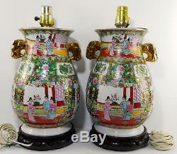 Vintage Chinese Porcelain Rose Medallion Export Pair of Large Lamps