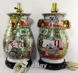 Vintage Chinese Porcelain Rose Medallion Export Pair of Large Lamps
