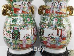 Vintage Chinese Porcelain Rose Medallion Export Pair of Large Lamps