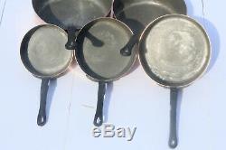 Vintage Copper Pan Saucepan Set Of 5 With Cast Iron Handles Tin Lined 7.1lbs