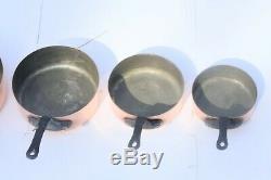 Vintage Copper Pan Saucepan Set Of 5 With Cast Iron Handles Tin Lined 7.1lbs