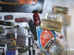 Vintage Estate Junk Drawer Lot Knives Fishing Tackle Lures Headlamps
