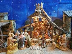 Vintage Fontanini Lighted Stable Nativity Set 21 Item Lot Heirloom Original Box