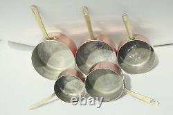 Vintage French Copper Saucepan Set 5 Stamped Tin Lined Bronze Handles 1-2mm 11lb
