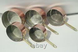 Vintage French Copper Saucepan Set 5 Stamped Tin Lined Bronze Handles 1-2mm 11lb