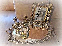 Vintage Gold Ormolu Vanity Set- Tray, Picture Frame, Perfume, Powder Box, Puff