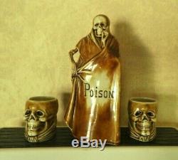 Vintage Halloween Grim Reaper POISON Decanter & 2 cups 1910s Bavarian Porcelain