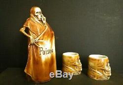 Vintage Halloween Grim Reaper POISON Decanter & 2 cups 1910s Bavarian Porcelain