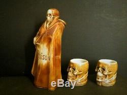 Vintage Halloween Grim Reaper POISON Decanter & 2 cups 1910s Bavarian Porcelain