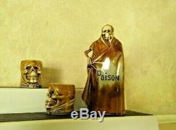 Vintage Halloween Grim Reaper POISON Decanter & 2 cups 1910s Bavarian Porcelain