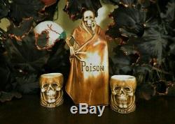 Vintage Halloween Grim Reaper POISON Decanter & 2 cups 1910s Bavarian Porcelain