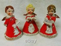 Vintage Kreiss Christmas Caroling 3 Porcelain Angel Bell Figurine Set 1950's