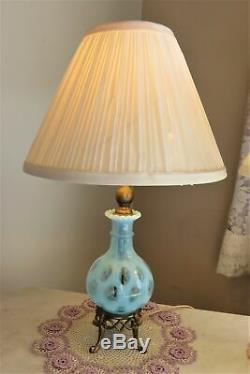 Vintage Lamps Fenton Blue Coin Dot Pair Opalescent Glass Electric Working Table