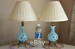 Vintage Lamps Fenton Blue Coin Dot Pair Opalescent Glass Electric Working Table