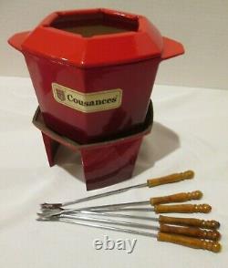 Vintage Le Creuset Cousances Enameled Cast Iron Red Fondue Pot LID Stand Forks