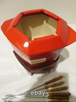 Vintage Le Creuset Cousances Enameled Cast Iron Red Fondue Pot LID Stand Forks
