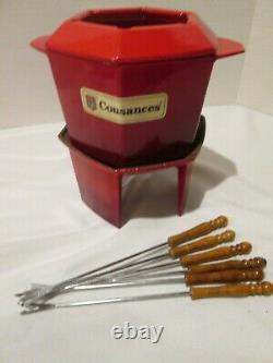 Vintage Le Creuset Cousances Enameled Cast Iron Red Fondue Pot LID Stand Forks