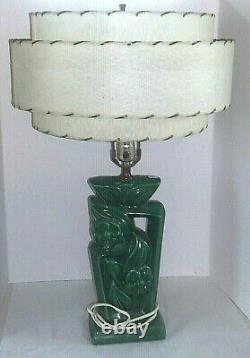 Vintage Mid Century/Retro Green Pottery Table Lamp Cream/Tan 3 Tier Shade