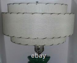 Vintage Mid Century/Retro Green Pottery Table Lamp Cream/Tan 3 Tier Shade