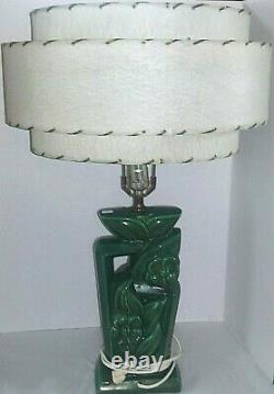 Vintage Mid Century/Retro Green Pottery Table Lamp Cream/Tan 3 Tier Shade