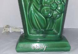 Vintage Mid Century/Retro Green Pottery Table Lamp Cream/Tan 3 Tier Shade