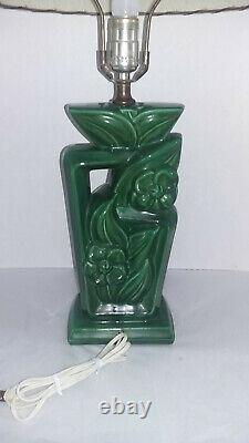 Vintage Mid Century/Retro Green Pottery Table Lamp Cream/Tan 3 Tier Shade