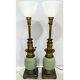 Vintage Pair Stiffel Ostrich Egg Lamps Sage Green Brass Ceramic Milk Glass Shade