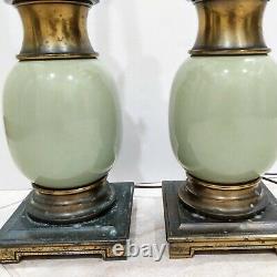 Vintage Pair STIFFEL Ostrich Egg Lamps Sage Green Brass Ceramic Milk Glass Shade