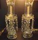 Vintage Pair Of Electric Lustre Etched Flower Hurricane Lamps 9 Crystal Prisms