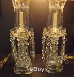 Vintage Pair of Electric Lustre Etched Flower Hurricane Lamps 9 Crystal Prisms