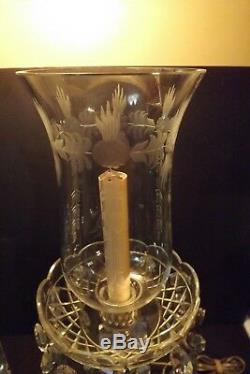 Vintage Pair of Electric Lustre Etched Flower Hurricane Lamps 9 Crystal Prisms