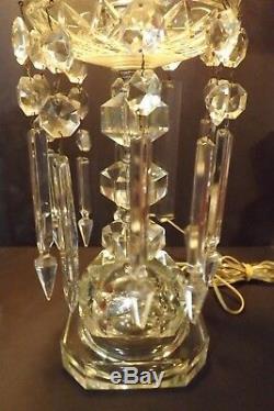 Vintage Pair of Electric Lustre Etched Flower Hurricane Lamps 9 Crystal Prisms