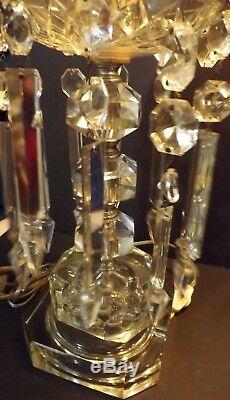 Vintage Pair of Electric Lustre Etched Flower Hurricane Lamps 9 Crystal Prisms