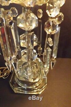 Vintage Pair of Electric Lustre Etched Flower Hurricane Lamps 9 Crystal Prisms