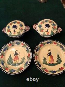 Vintage Signed Hb Quimper Dinnerware, Two Porringers With Lids And Two Plates