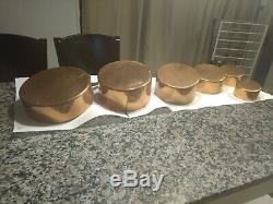 Vintage solid copper pans, set of 6, cast iron handles