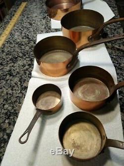 Vintage solid copper pans, set of 6, cast iron handles