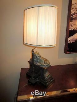 Vtg Maitland Smith- LYING LION LAMP + SHADE- bronzed metal+Mosaic Stone Base EUC