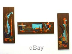 Vtg Mid Century Modern Wall Art Plaques Aqua Orange Gold 1950s-60s Entertaining