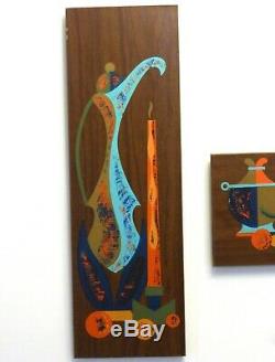 Vtg Mid Century Modern Wall Art Plaques Aqua Orange Gold 1950s-60s Entertaining