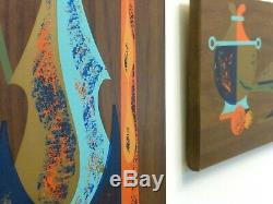 Vtg Mid Century Modern Wall Art Plaques Aqua Orange Gold 1950s-60s Entertaining