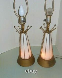 Vtg Pair Atomic 50s Matching Caged Table Lamp Bases Mid Century Modern