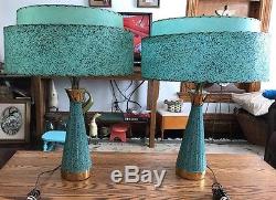 Vtg Pair of Mid Century Modern Aqua Atomic EAMES Era Table Lamp withDuel Shades