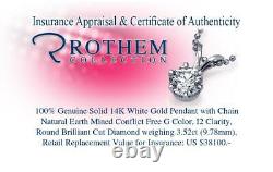 White Gold Solitaire Diamond Pendant Necklace 3.52 Carat 14K I2 G 53157277