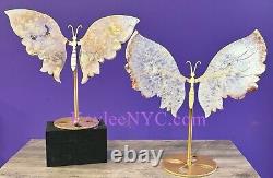 Wholesale Lot 2 Pcs Natural Pink Amethyst Flower Agate Crystal Butterfly Withstand