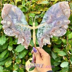 Wholesale Lot 2 Pcs Natural Pink Amethyst Flower Agate Crystal Butterfly Withstand