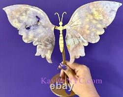 Wholesale Lot 2 Pcs Natural Pink Amethyst Flower Agate Crystal Butterfly Withstand